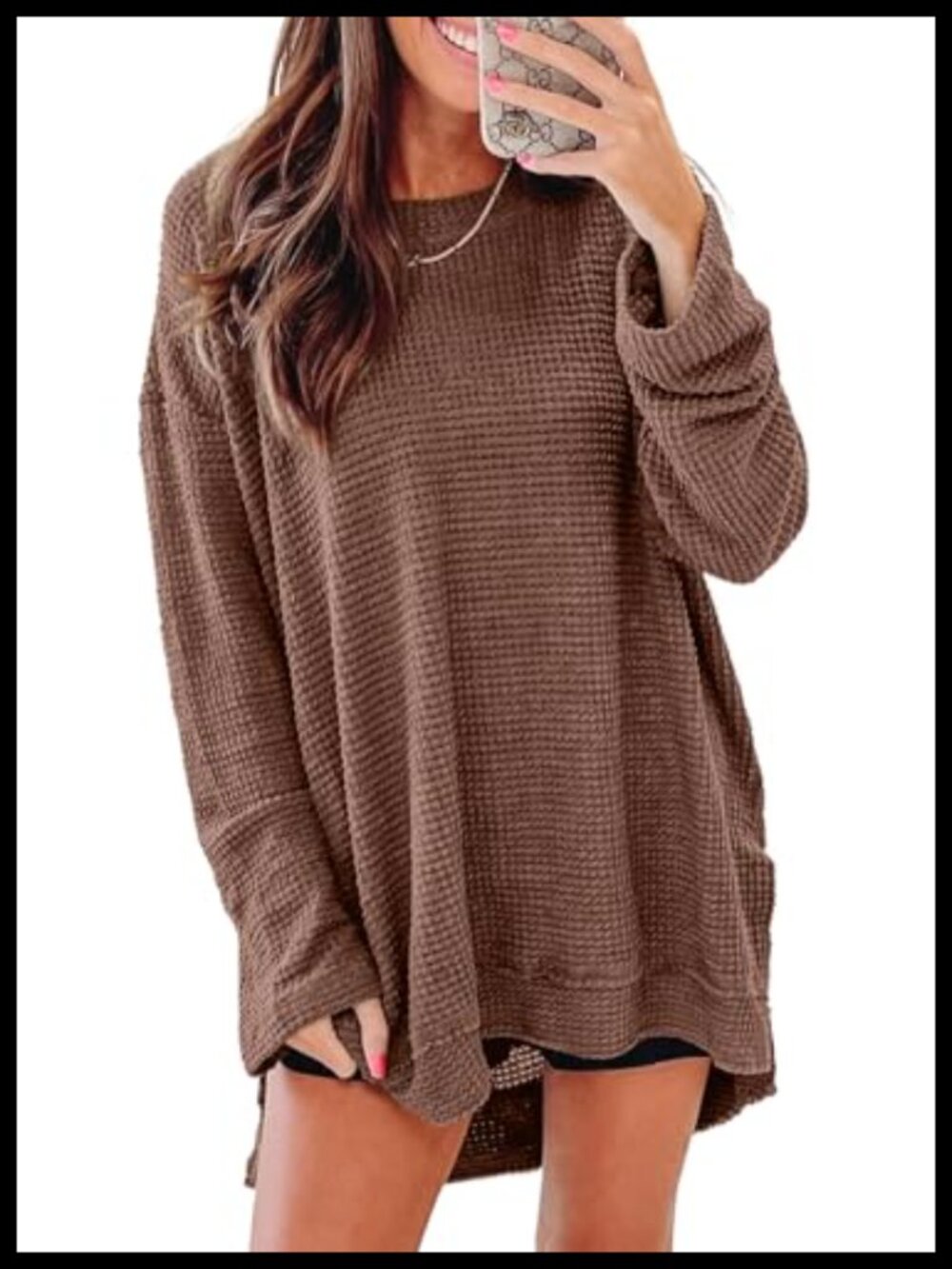 Oversized Waffle Knit Long Sleeve Crewneck Tunic Top Casual Fall
